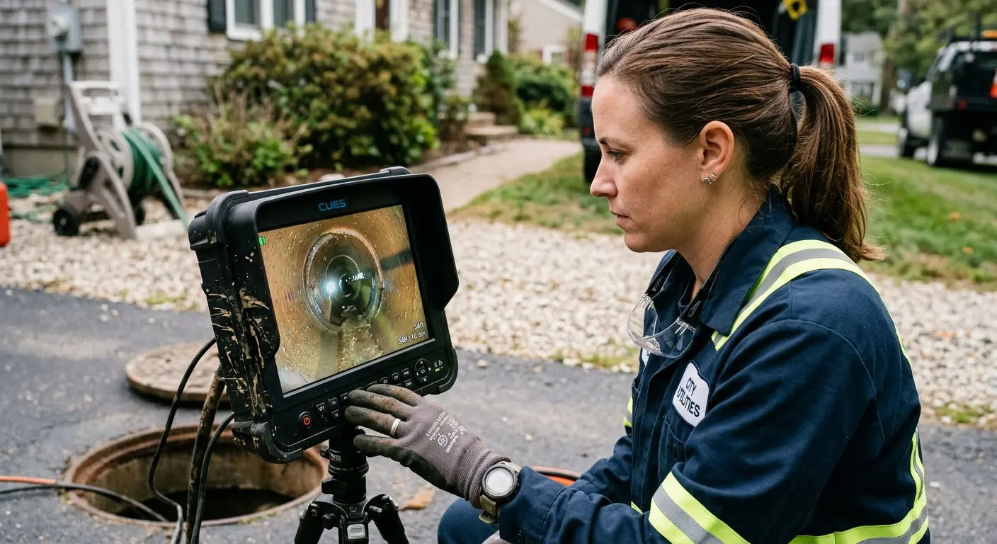 Technician reviewing sewer camera inspection footage in Wildomar