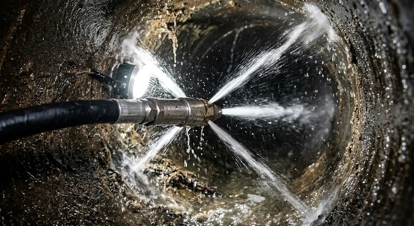 High-pressure hydro jetting nozzle cleaning sewer pipe for Trenchless Sewer Repair in Wildomar