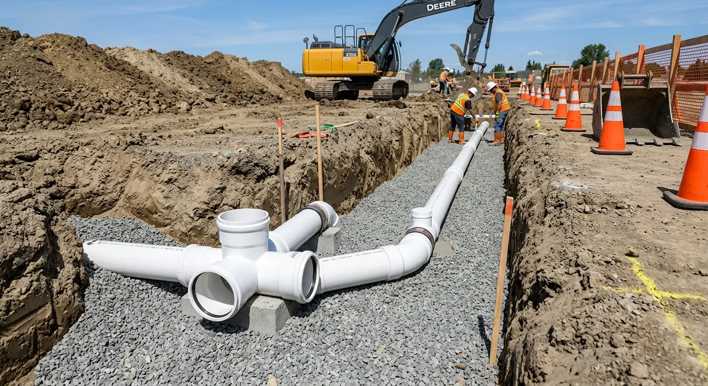 New PVC sewer pipe installation in open trench for Grease Trap Cleaning in Wildomar