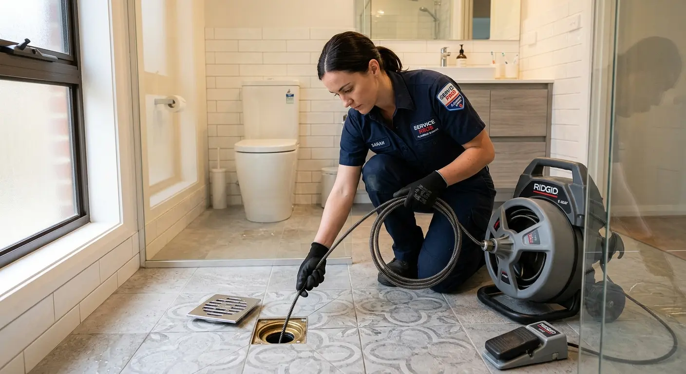 Technician clearing a bathroom floor drain for Clogged Drain Repair in Wildomar